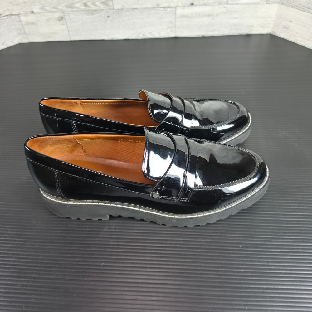 Franco Sarto Cassandra Black Patent Penny Loafers Lug Sole Platform Womens 7M
